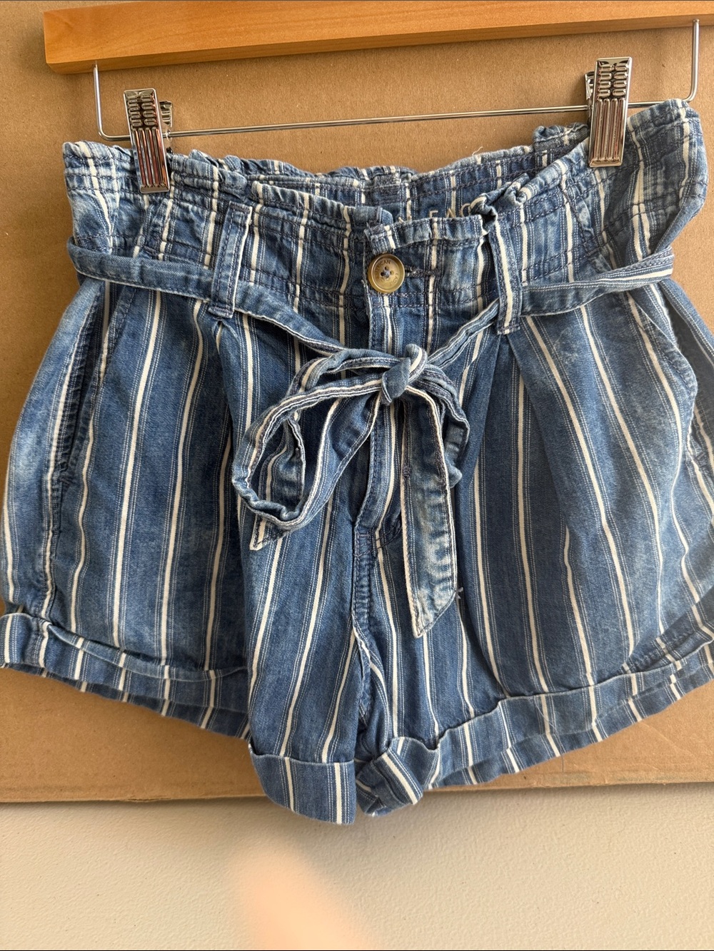 American Eagle Outfitters Blue Striped Paperbag Waist Shorts with Tie